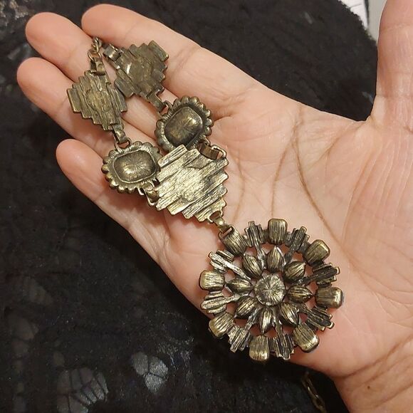 Faux Turquoise Rhinestones and Brass Tone Mixed Media Boho Statement Necklace - Picture 7 of 7